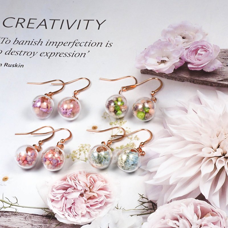 OMYWAY Handmade Dried Flower - Glass Globe Earrings necklace - ต่างหู - แก้ว สึชมพู