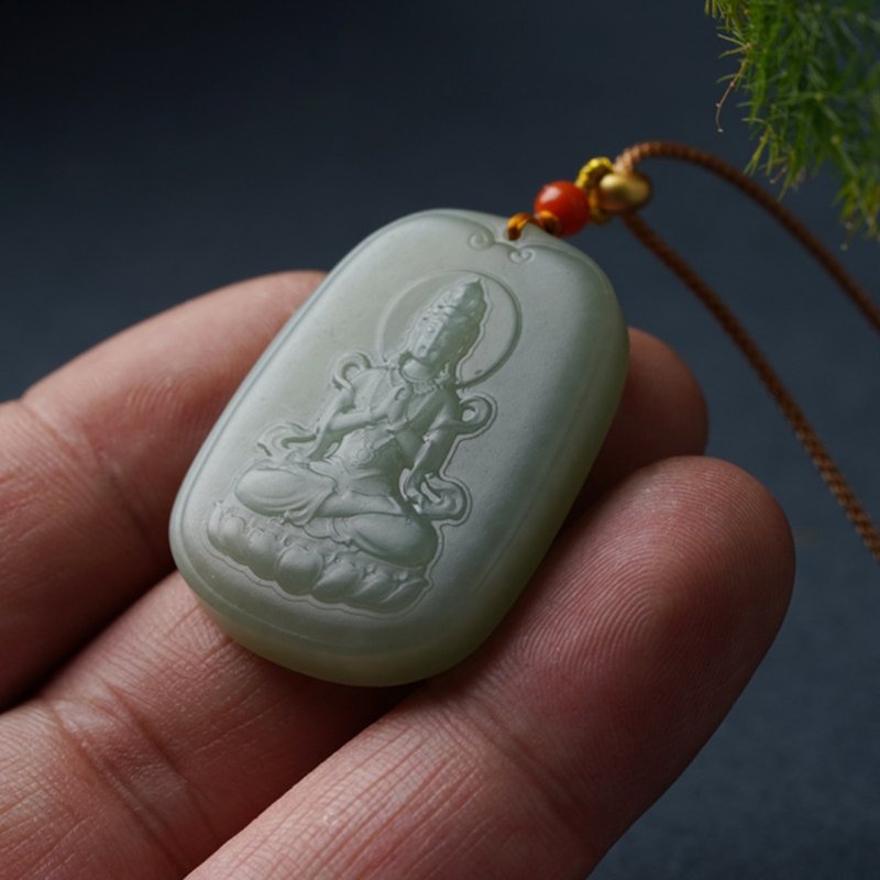 Natural Hetian jade Qiemo blue pendant lotus Guanyin necklace boys and girls all-match pendant handmade lanyard sweater chain - สร้อยคอ - หยก สีใส