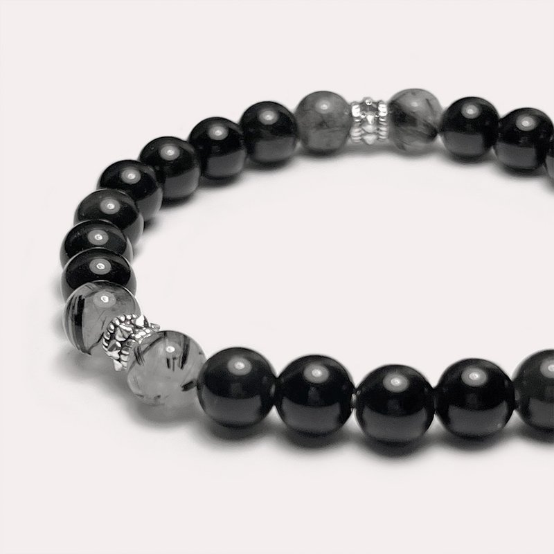 Anti-villain obsidian black crystal rivet 925 sterling silver bracelet - Bracelets - Gemstone Black