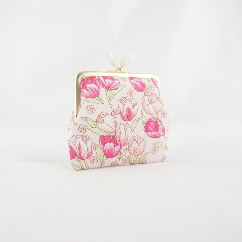 [Classic Small Bag] - Pink Crystal Tulip - กระเป๋าใส่เหรียญ - ผ้าฝ้าย/ผ้าลินิน สึชมพู