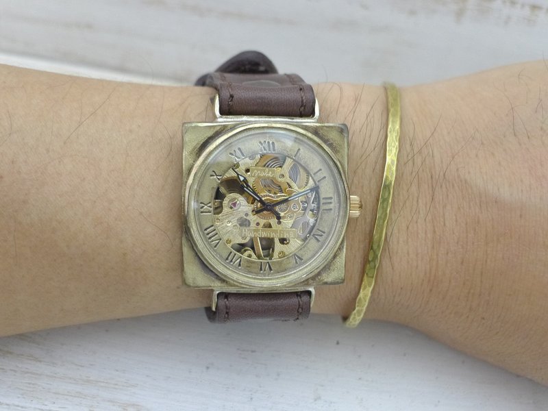 Handmade Watch BHW138 Manual Winding Brass 36mm Square Roman Numeral Sewing Stitch Belt - นาฬิกาผู้หญิง - ทองแดงทองเหลือง สีทอง