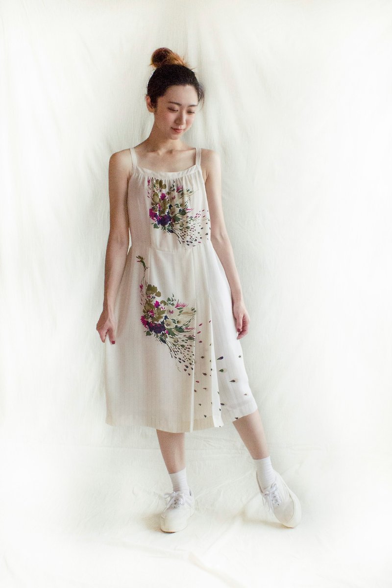 Flower peacock white sleeveless vintage dress - One Piece Dresses - Polyester White