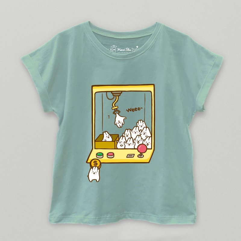 Mochi Rabbit Claw Machine T-shirt - เสื้อผู้หญิง - ผ้าฝ้าย/ผ้าลินิน สีเขียว