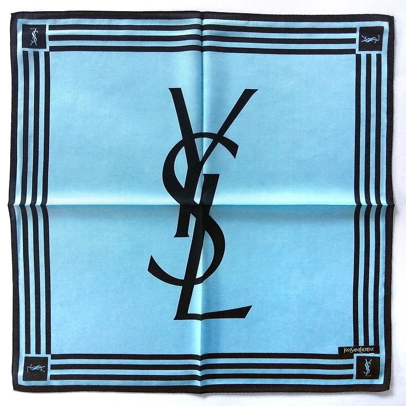Yves Saint Laurent Vintage Handkerchief Big Logo on Blue 20 x 20 inches - ผ้าเช็ดหน้า - ผ้าฝ้าย/ผ้าลินิน สีน้ำเงิน