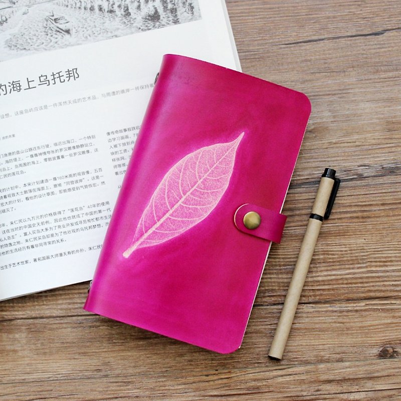 Custom Gift Exchange Gifts Birthday Gifts such as the first layer of vegetable tanned cowhide leaves embossed rose A6 loose-leaf notebook account manual handmade leather notebook stationery free lettering 19*11cm - Notebooks & Journals - Genuine Leather Pink