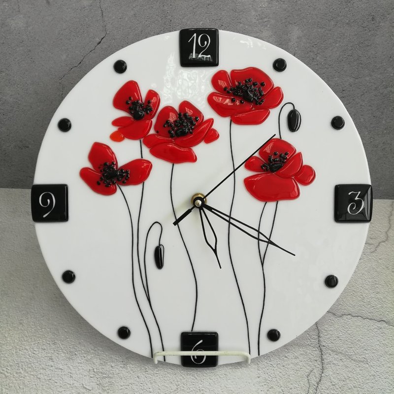 Wall glass clock with red poppies - Fused home decor - Round silent wall clock - Clocks - Glass White