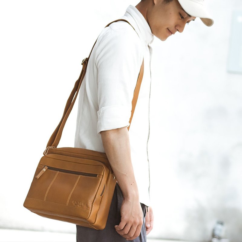 [24hr fast shipping] Casual lightweight multi-zipper genuine leather retro crossbody bag-5272 two colors - Messenger Bags & Sling Bags - Genuine Leather Khaki