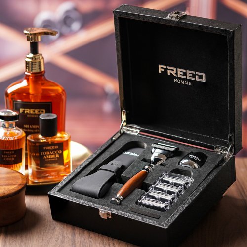 FREED 【FREED】尊爵四件組五刀式刮鬍刀禮盒-仿胡桃木 現貨 客製化刻字
