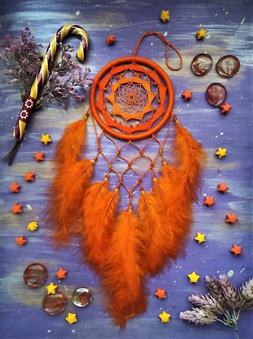 Purr Purple Dreams Orange dreamcatcher Feather wall hanging Shamanic amulet Bedroom boho decor
