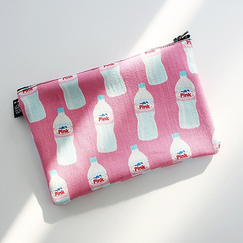 Pink bottle canvas zipper admission package - กระเป๋าเครื่องสำอาง - ผ้าฝ้าย/ผ้าลินิน สึชมพู