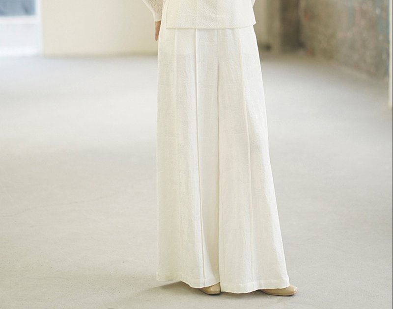 新中国風 ワイドパンツ ハイウエスト カジュアル リネンジャカード ドレープ感 ロング丈 - パンツ レディース - その他の素材 ホワイト