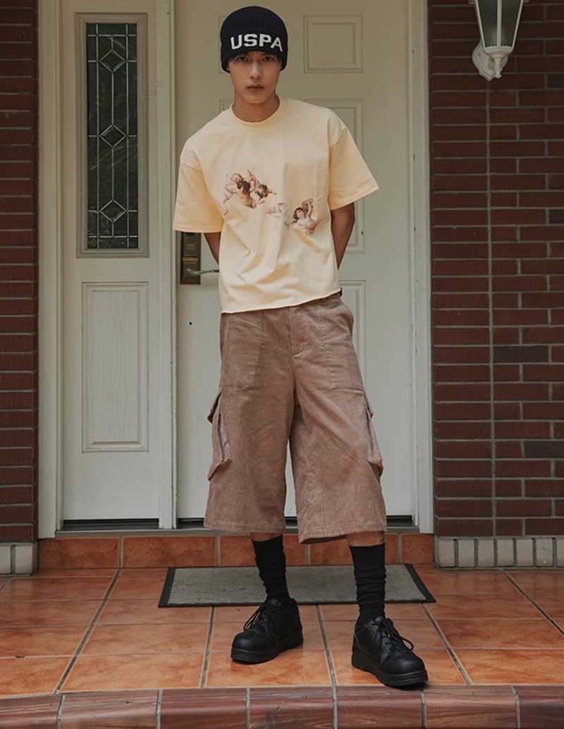 Japanese retro oblique pocket corduroy 7-point pants - Men's Shorts - Other Materials Brown