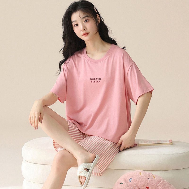 Pink Lady cotton soft pajamas minimalist striped short-sleeved two-piece women's pajamas home wear - ชุดนอน/ชุดอยู่บ้าน - ไฟเบอร์อื่นๆ สึชมพู