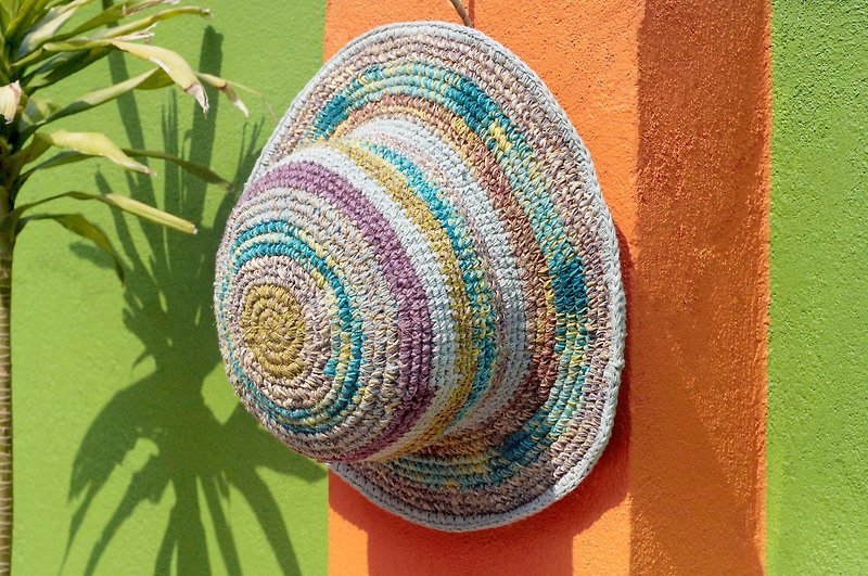 Limited edition handmade knitted cotton hood / weaving hat / fisherman hat / sun hat / straw hat - watercolor sense of the Mediterranean walk colorful colorful striped handmade hat - Hats & Caps - Cotton & Hemp Multicolor