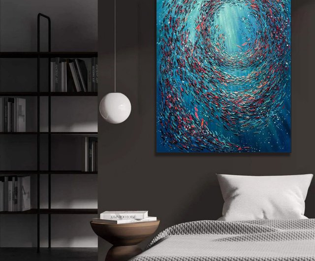 キャンバスに描かれた大きな抽象的な魚の絵 カラフルな水の動物の絵