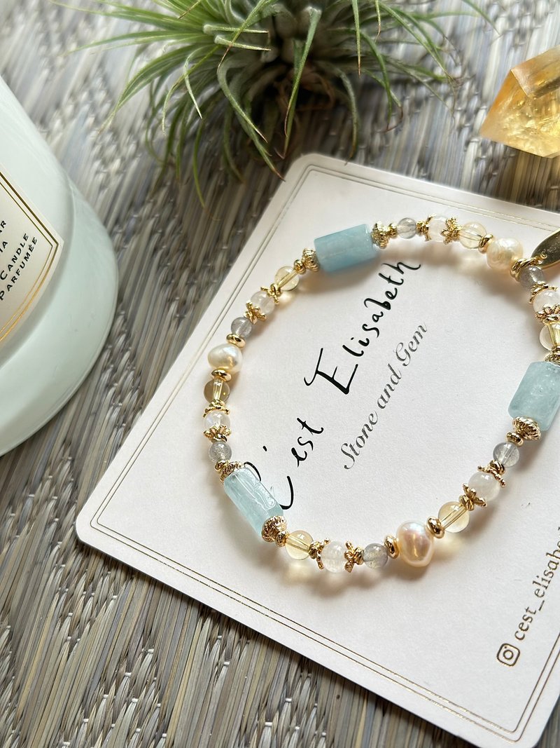 Courage to Fly - Aquamarine Freshwater Pearl Moonstone Citrine Labradorite 14k Gold Bracelet - สร้อยข้อมือ - คริสตัล 