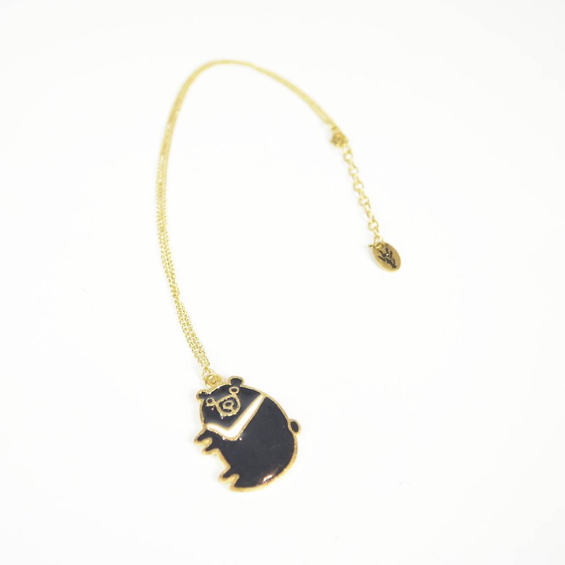 Doom animal party Bronze necklace - round black bear - fair trade - สร้อยคอ - โลหะ สีทอง