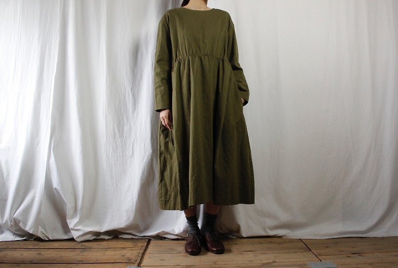 タンブラーコットン ギャザーワンピース/olive - 洋裝/連身裙 - 棉．麻 綠色