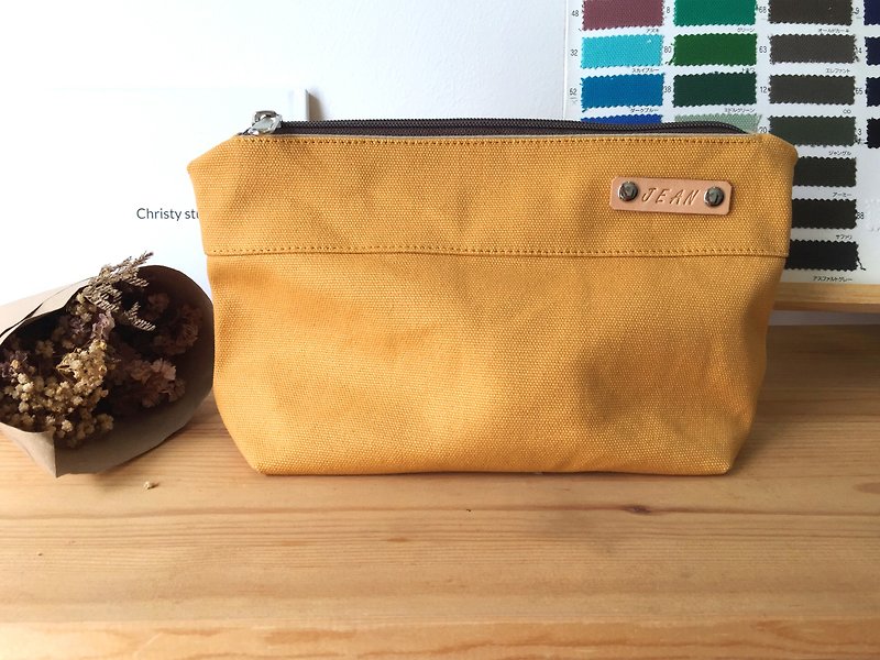 Mustard Personalize Zipper Pouch ,Canvas Cosmetic Pouch,Bridesmaids Gift - Kelly - Toiletry Bags & Pouches - Genuine Leather 