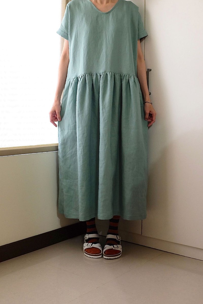 Daily hand-made suit summer green red wide dress without pocket linen - One Piece Dresses - Cotton & Hemp Green
