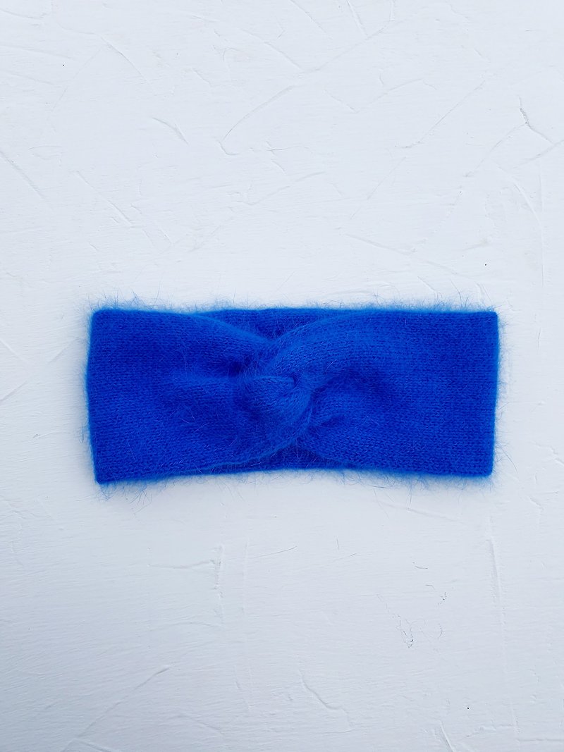 Angora headband Twist fluffy headband. Blue knit ear warmer