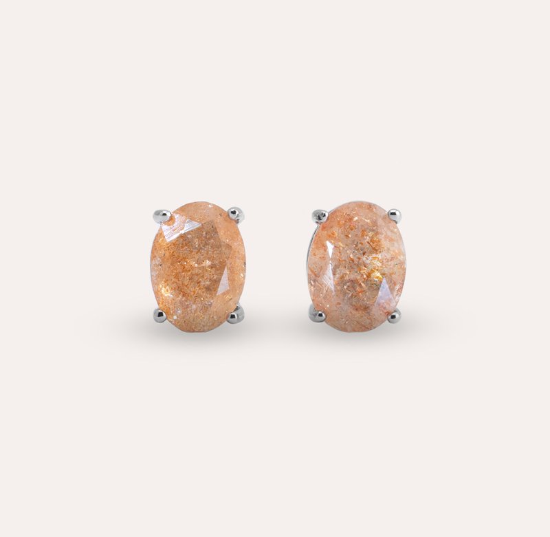 AND 太陽石 橘色 橢圓 6*8mm 耳環 經典系列 Oval E 天然寶石 - 耳環/耳夾/耳骨夾 - 銀 橘色