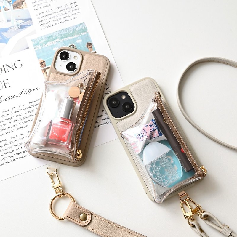 Color rear case, replaceable, with clear pouch [Shrink leather] Genuine leather iPhone exclusive smartphone case, smartphone shoulder bag, PVC JS18K - เคส/ซองมือถือ - หนังแท้ สีใส