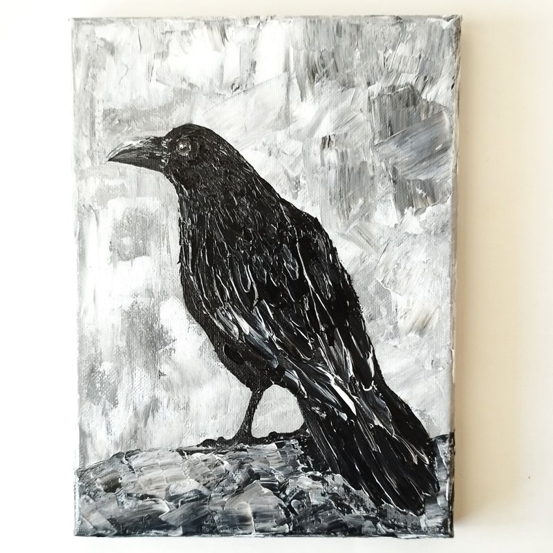 Crow Acrylic Painting - Stunning Bird Art on Canvas Wall Decoration - ตกแต่งผนัง - อะคริลิค หลากหลายสี