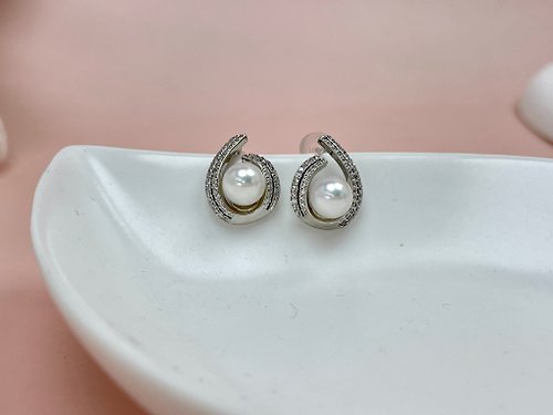 Athena珍珠設計 簡約幾何 天然海水珍珠 akoya 純銀 滿鑲 耳環