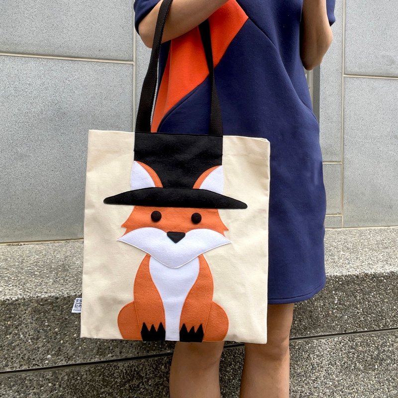 [Pattern is not printing] Fox with high hat, canvas bag - กระเป๋าแมสเซนเจอร์ - ผ้าฝ้าย/ผ้าลินิน สีส้ม