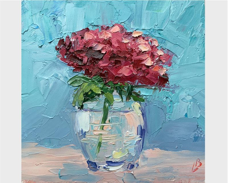 Red flower in a vase oil painting Decorative panels Original Art Miniature - ตกแต่งผนัง - วัสดุอื่นๆ สีแดง