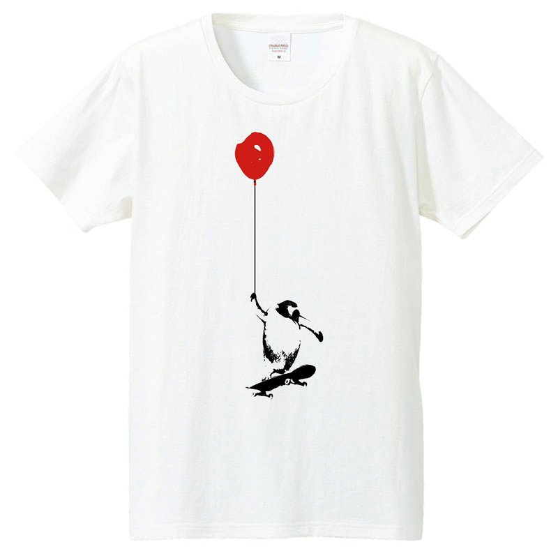 T-shirt / ペンギンと風船とスケートボード - 男 T 恤 - 棉．麻 白色