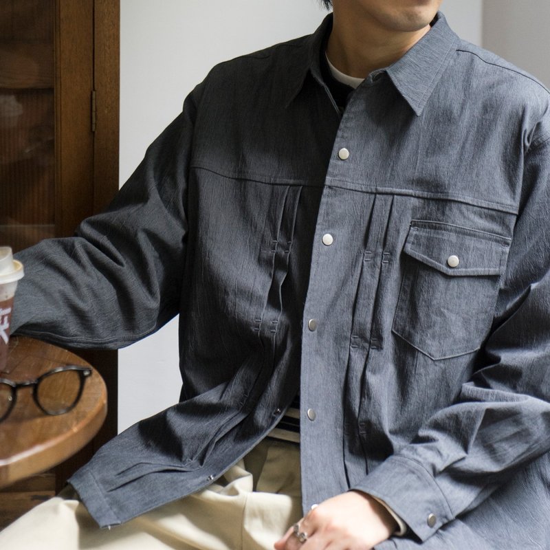 Jacket 質感外套 日系復古工裝肌理感口袋潮流百搭夾克 Cityboy - 男夾克/外套 - 其他人造纖維 藍色