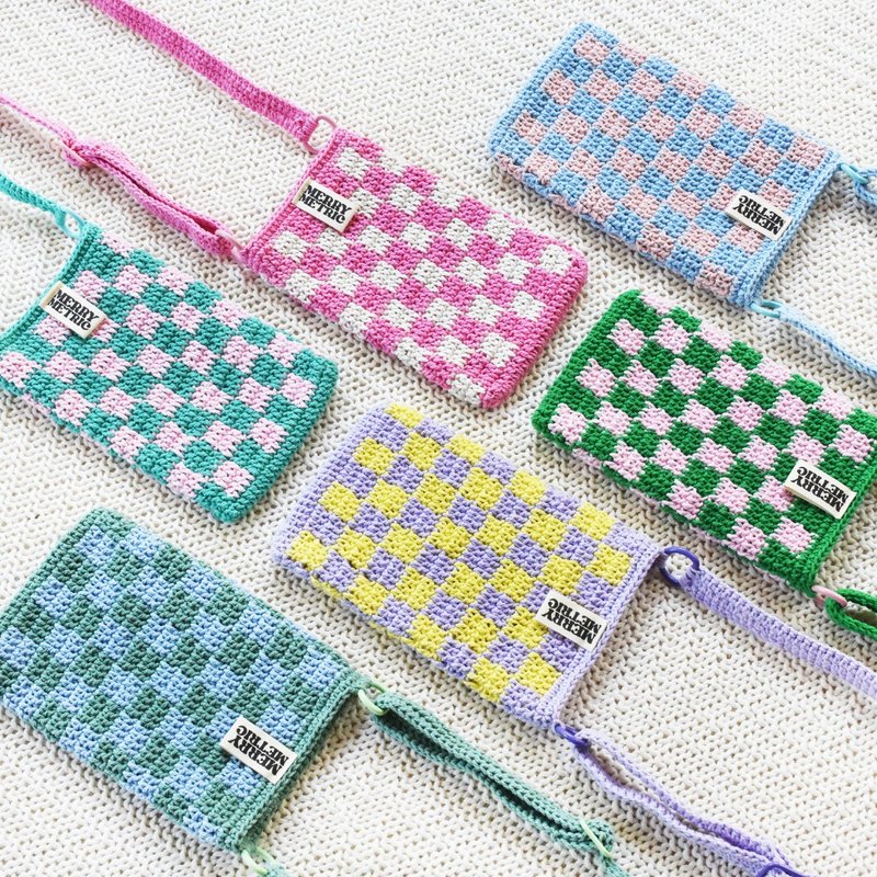 Checker Crochet Phone Bag Pastel Color - 側背包/斜背包 - 棉．麻 多色