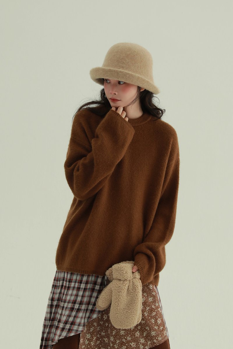 4-Color Palette Solid Pullover Sweater | Minimalist Lazy Style Loose Comfortable Knit Top - สเวตเตอร์ผู้หญิง - ไฟเบอร์อื่นๆ สีนำ้ตาล