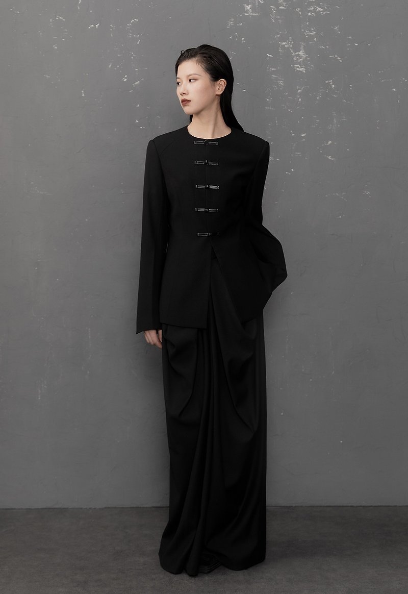 Pan-button Zhongshan suit retro round neck slim suit jacket new Chinese style black - เสื้อสูท/เสื้อคลุมยาว - วัสดุอื่นๆ สีดำ