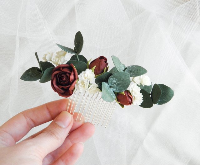 Burgundy bridal hair comb Flower hair comb Eucalyptus wedding hair piece - Shop  FloralAccessoriesUA Hair Accessories - Pinkoi