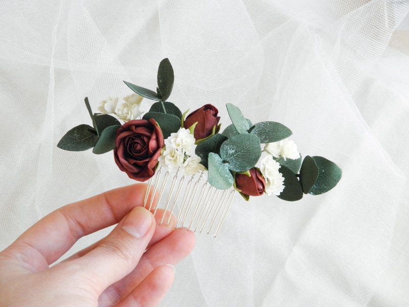 Burgundy bridal hair comb Flower hair comb Eucalyptus wedding hair piece - 髮夾/髮圈 - 其他材質 多色
