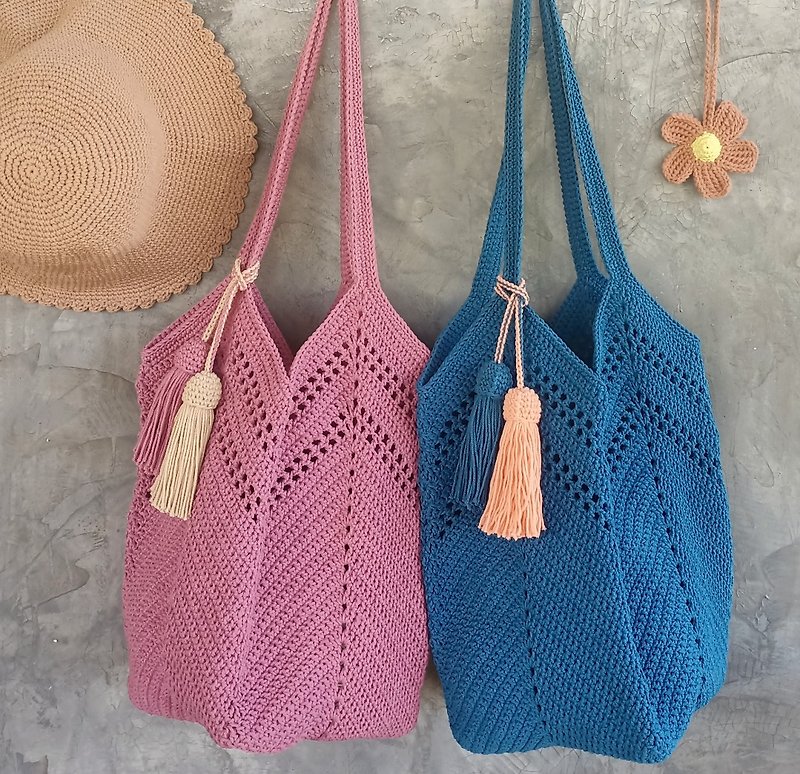 Woven rope crochet bag, granny square style. - 側背包/斜孭袋 - 棉．麻 