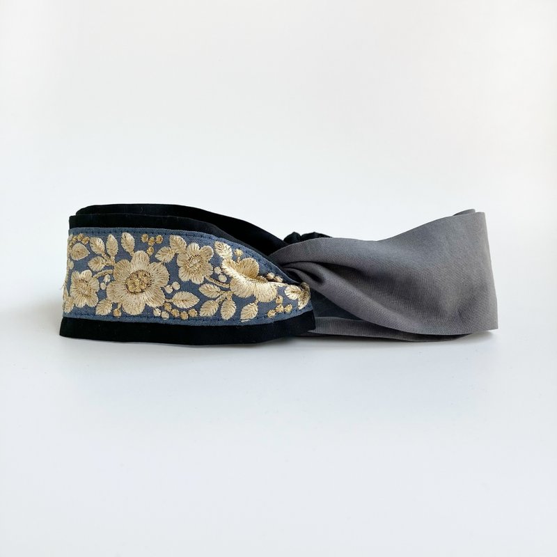 日本刺繡緞帶 金色六瓣花 日本布 交叉髮帶 不撞款手工髮帶 - 髮箍/髮帶 - 棉．麻 黑色