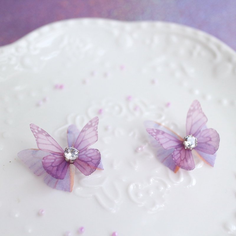 Lavender Purple - Silk Butterfly 18kgf Diamond Crystal earrings - ต่างหู - ผ้าไหม สีม่วง