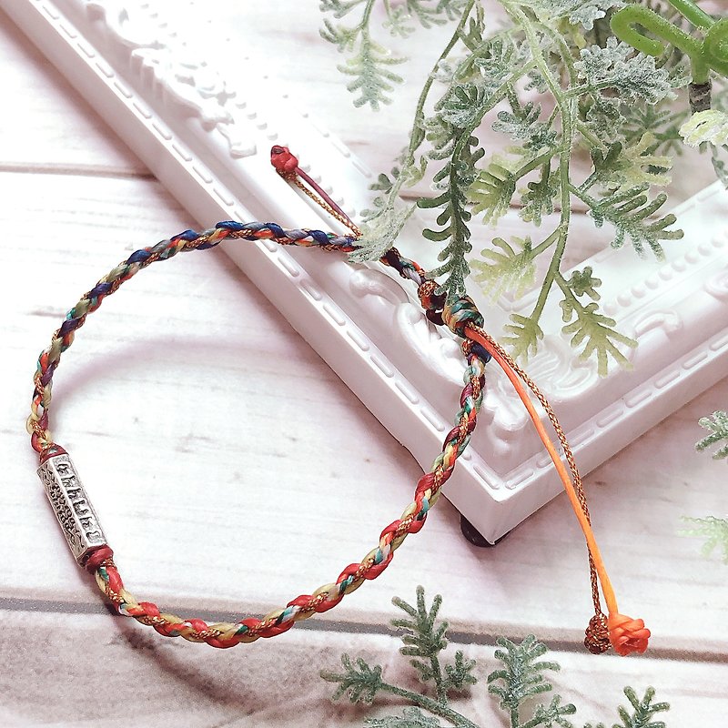 ::Sterling silver six-character mantra braided bracelet:: Wax thread/blessing/drawstring style - สร้อยข้อมือ - วัสดุอื่นๆ สีแดง