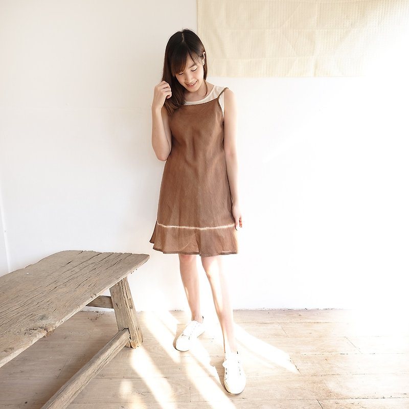 Natural Dyed Thai Saloo Cotton Knee Length Dresses Brown Color - One Piece Dresses - Cotton & Hemp Brown
