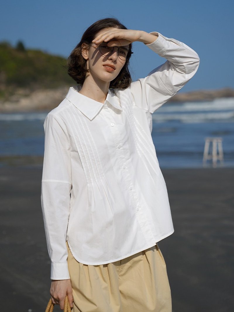ECRU SOLI素白已然春夏日系通勤風琴褶疊領精梳棉寬鬆白襯衫 - 女襯衫 - 棉．麻 白色