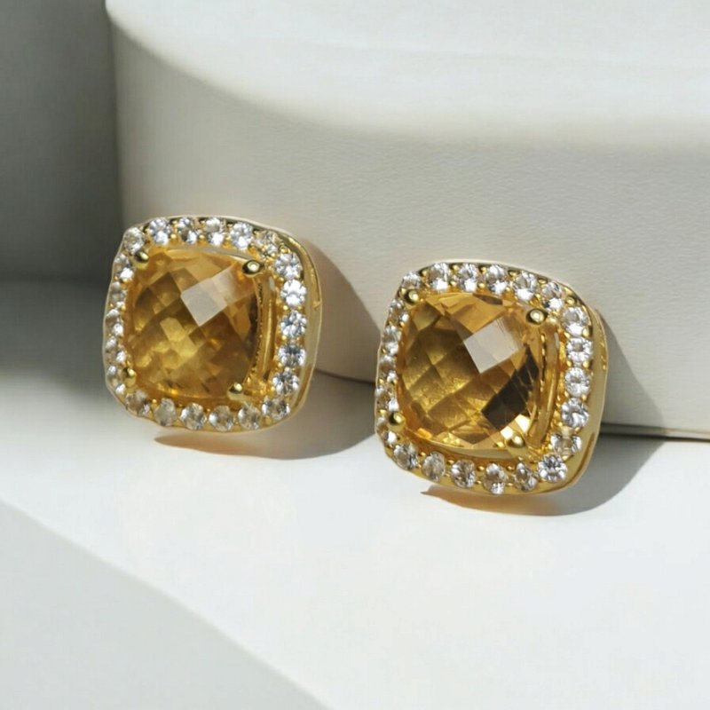 Citrine 7 mm earrings with White topaz, 925 silver yellow gold plated setting - Earrings & Clip-ons - Gemstone Yellow