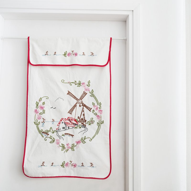 Vintage French hand-embroidered tea towel/hanging cloth (windmill pattern) - Posters - Cotton & Hemp White