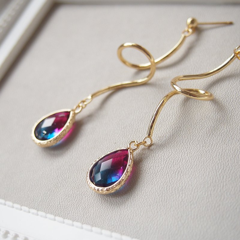 Gold-plated waves, drop-shaped glass with gold rim, imitation Gemstone, temperament earrings - ต่างหู - โลหะ สีม่วง