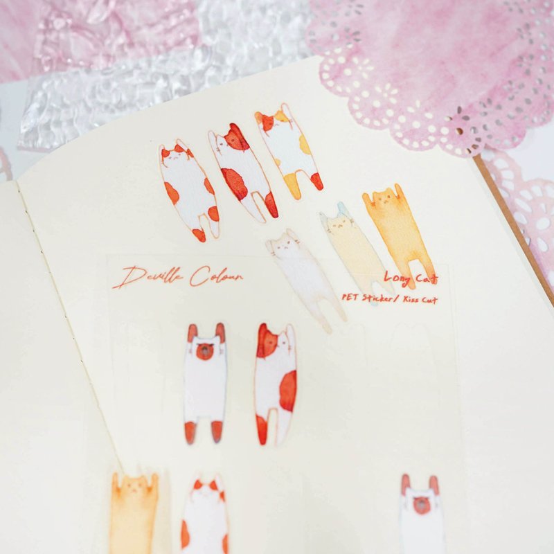 【Long Cat】PET White Ink  Sticker Sheet - Stickers - Paper Pink