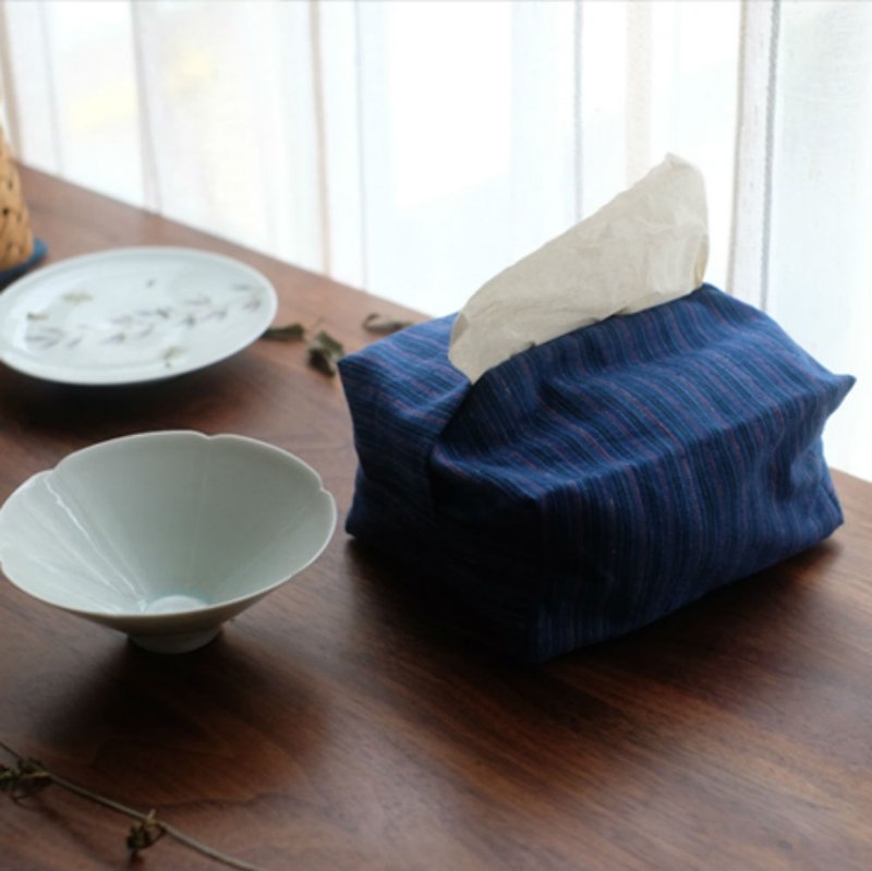 Blue striped homespun hand-woven fabric paper box cotton linen cloth art pumping box paper towel box paper towel cover face paper cover - กล่องทิชชู่ - ผ้าฝ้าย/ผ้าลินิน สีน้ำเงิน