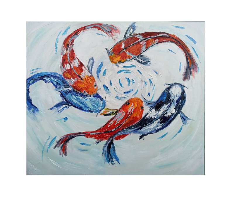 Fish Oil Painting Koi Fish Original Art Impasto Painting Canvas - Wall Décor - Cotton & Hemp White